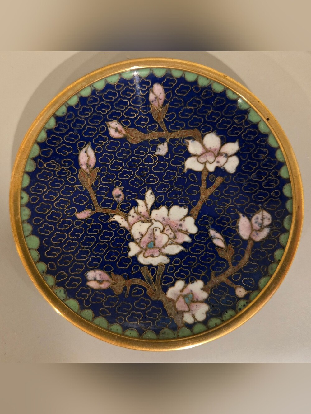 Decorative Blue Cloisonné Floral Plate with Pink Blossoms
